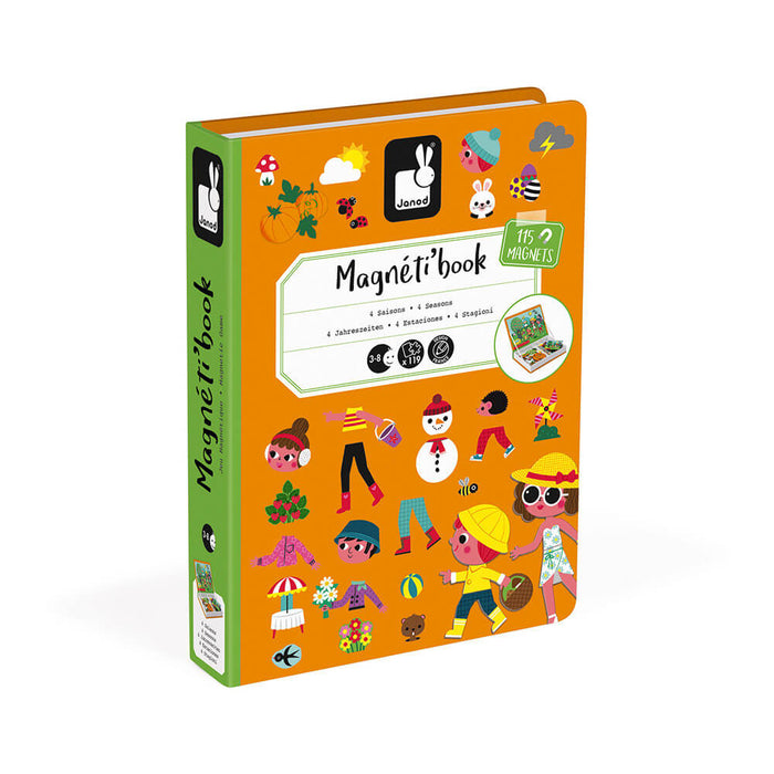 Orange book-shaped magnetic toy box with colorful seasonal illustrations of children, a snowman, and pumpkins.