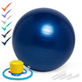 Blue ribbed balance ball with yellow foot pump, white plugs, and tool. Checkmark color swatches shown on the left.