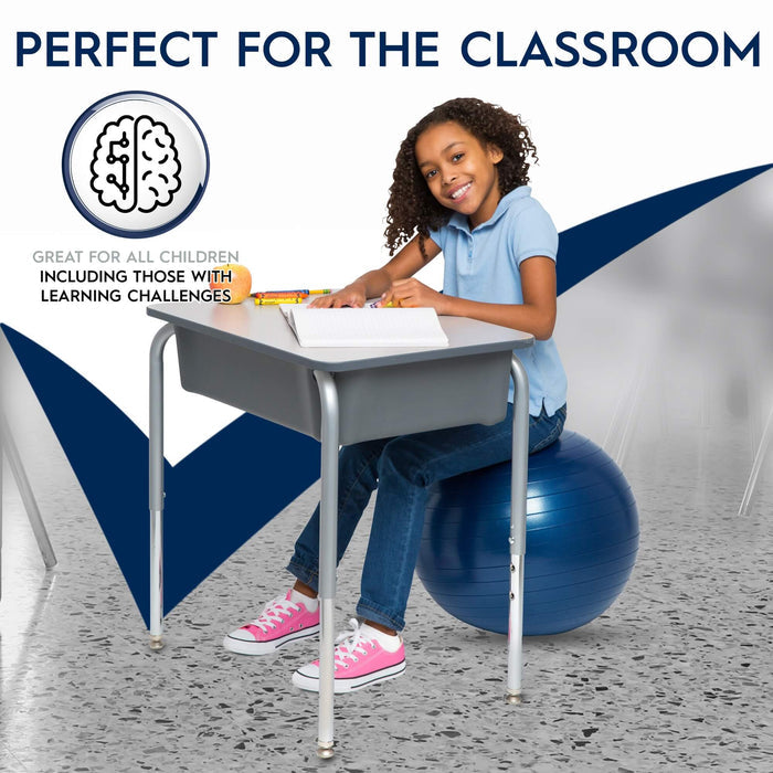 Girl sitting on a blue weighted balance ball at a school desk, with a brain icon and classroom promotional text.