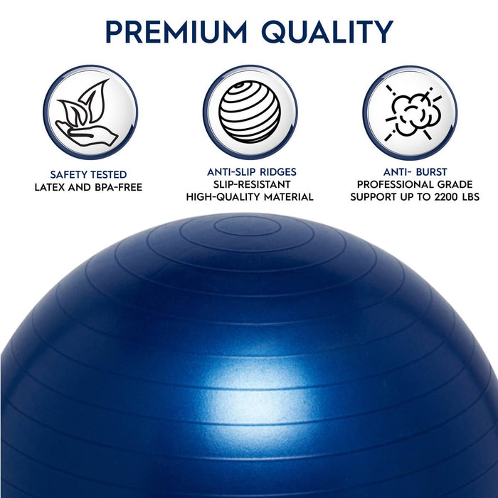 Blue ridged balance ball with icons for safety testing, slip-resistance, and anti-burst 2200 lb support capacity.
