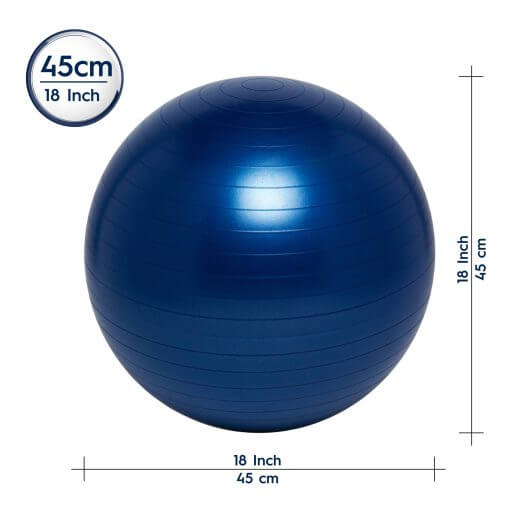 Dark blue textured balance ball with horizontal ridges and graphics showing its 45cm (18-inch) diameter.