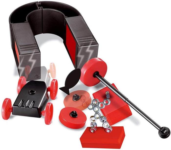 Science kit with a large horseshoe magnet, red and black toy car, magnetic discs, wand, and metal nuts for experiments.