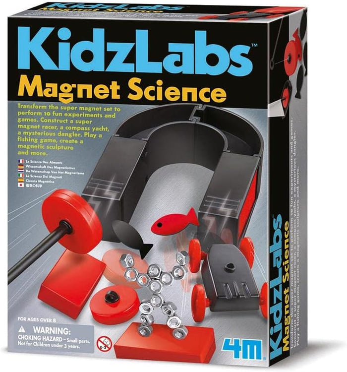 4M science kit box showing a large horseshoe magnet, red magnet racer, wand, and a human figure made of metal nuts.