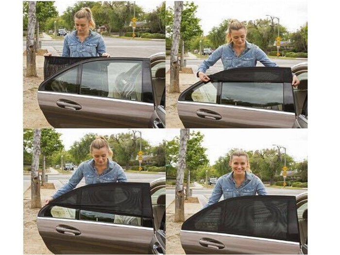 Dealonline.nz 4-piece car sun shade set with mesh visor covers for front and rear side windows, blocking sunlight and UV rays.