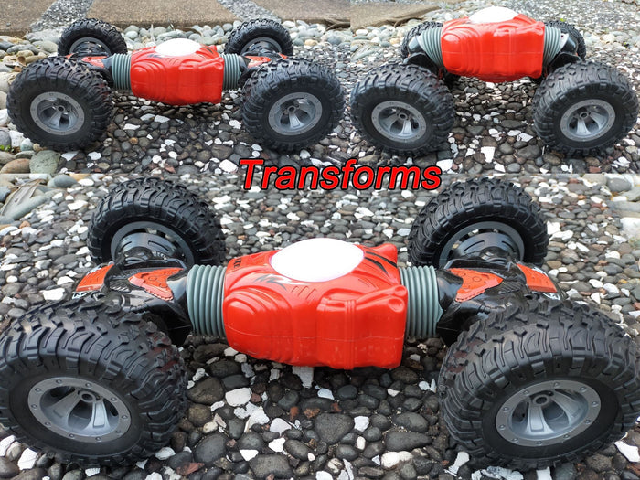 Dealonlinenz 4WD remote control stunt car with lights, showcasing its transformable design and colorful illuminated features.