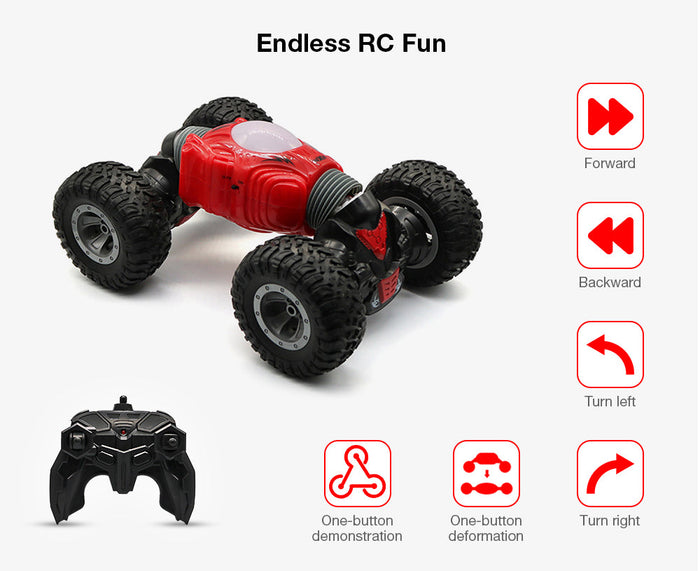 Dealonlinenz 4WD remote control stunt car with transforming features and lights, showcasing its vibrant design and dynamic motion.