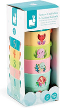 Five vibrant nesting toy buckets in a white box, featuring sea animal illustrations and numbers 1 to 5.