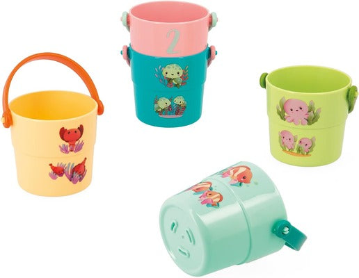 Five colorful stacking buckets with sea creature graphics and handles, featuring turtles, octopuses, and crabs.