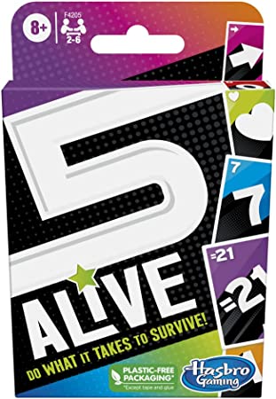 Purple and black box featuring a large white 5 above the word ALIVE, colorful card graphics, and Hasbro Gaming logo.