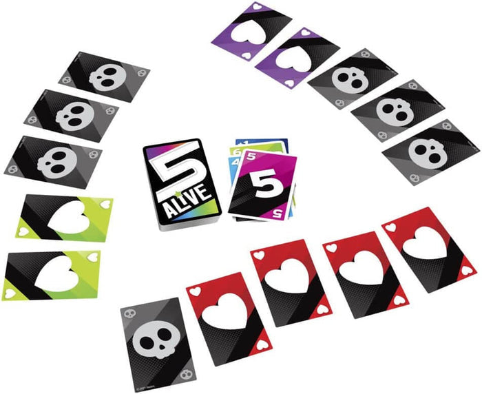 Card game with red, purple, and green heart cards and black skull cards fanned in a circle around 5 Alive decks.