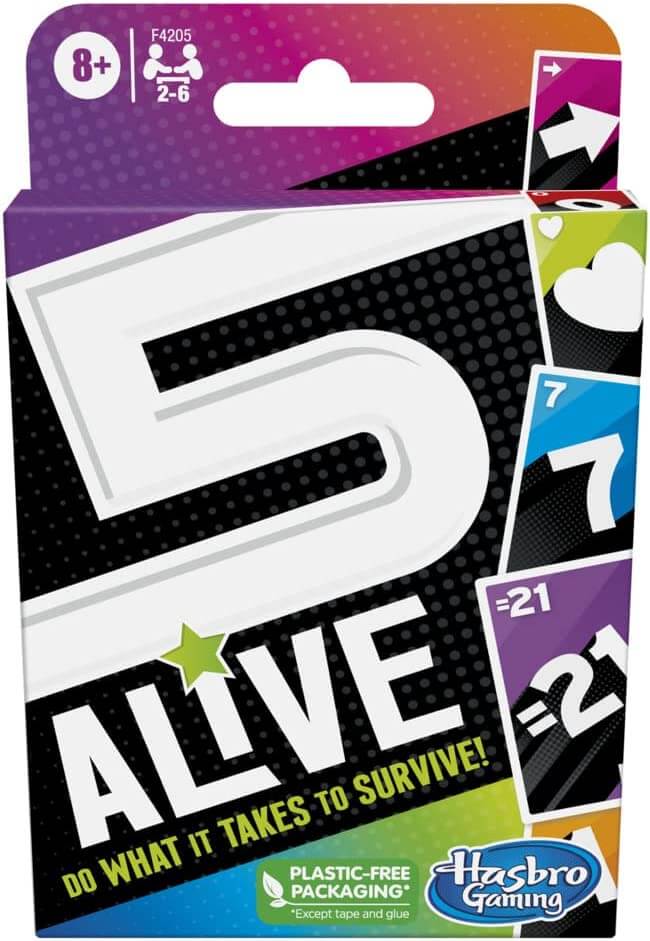 Purple box with a large white 5 and bold ALIVE text on a black dotted background, showing colorful numbered cards.
