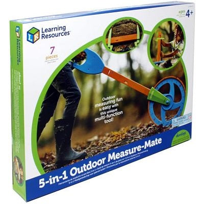 Product box showing a child using a blue and orange trundle wheel tool on a wooded dirt path.