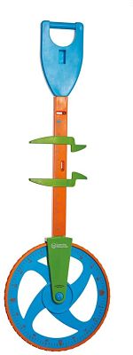 Brightly colored toy trundle wheel with blue wheel, orange handle, and blue grip. High-contrast green components attached.
