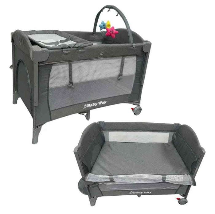 Baby Way NZ 5-in-1 portable co-sleeper bed with changing table and toy bar, ideal for travel and easy to assemble.