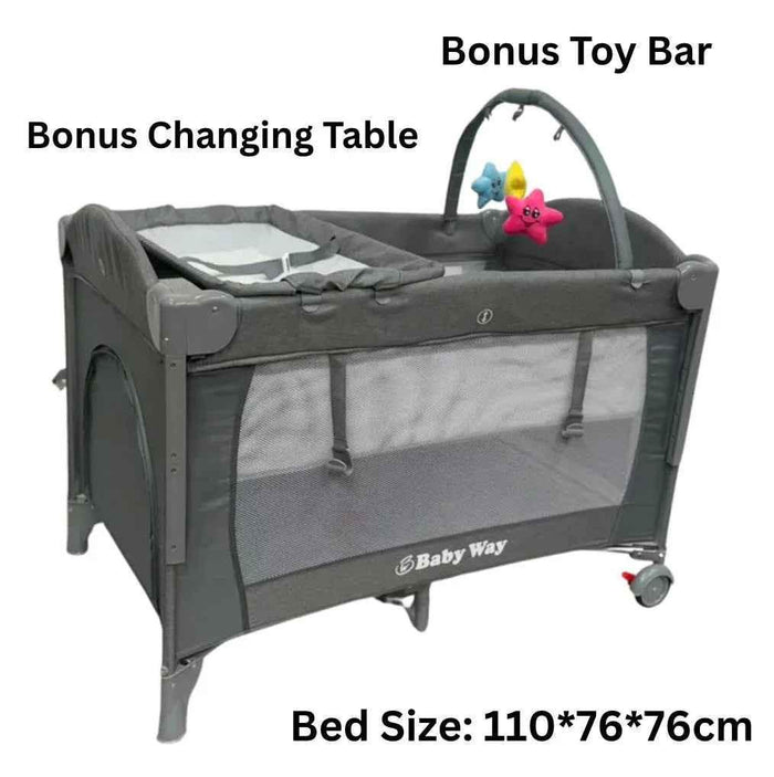 Baby Way NZ 5-in-1 portable co-sleeper bed with changing table and toy bar, ideal for travel and versatile baby sleeping solutions.