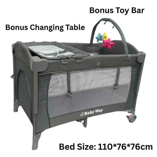 Baby Way NZ 5-in-1 portable co-sleeper bed with changing table and toy bar, ideal for travel and versatile baby sleeping solutions.