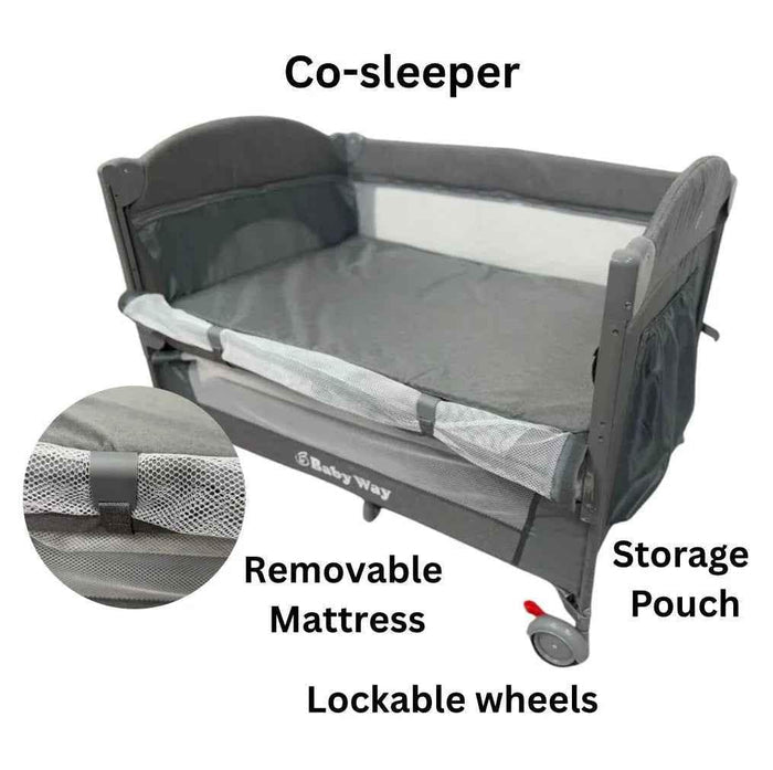 Baby Way NZ 5-in-1 portable co-sleeper bed with changing table and toy bar, ideal for travel and easy to set up.