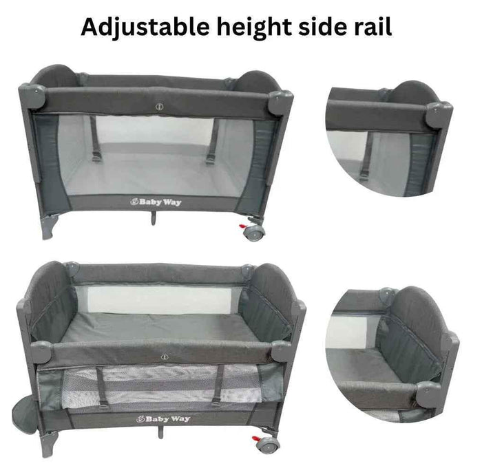 Baby Way NZ 5-in-1 portable co-sleeper bed with changing table and toy bar for travel and easy baby care.