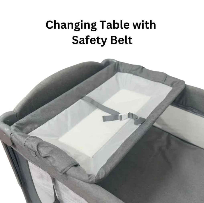 Baby Way NZ 5-in-1 portable co-sleeper bed with changing table and toy bar, suitable for travel and easy to set up.