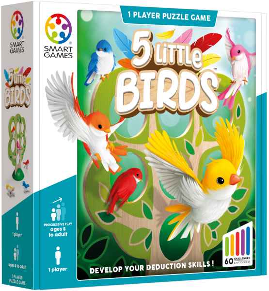 Square game box with five colorful birds and a green tree. Text labels 1-player deduction play with 60 challenges.