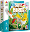 Square game box with five colorful birds and a green tree. Text labels 1-player deduction play with 60 challenges.