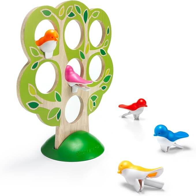 Wooden tree toy with five colorful bird clips in orange, pink, red, blue, and yellow.
