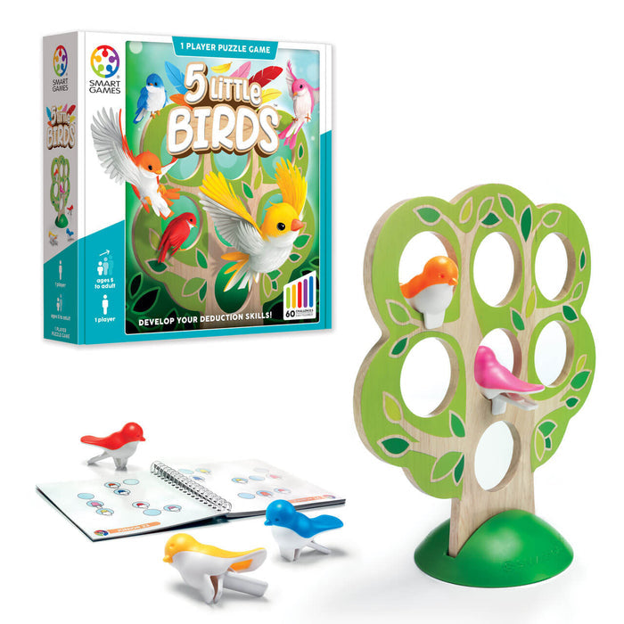Wooden tree stand with five colorful bird figurines, a spiral-bound challenge booklet, and game box.