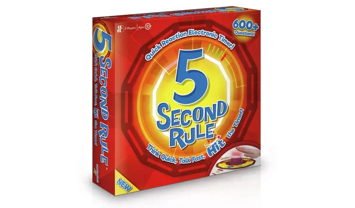 Red and yellow board game box featuring a large blue 5 and a graphic of a hand hitting a red electronic timer.