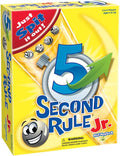 Yellow 5 Second Rule Jr. box with a large blue 5, falling silver marbles with faces, and a green arrow over a timer.
