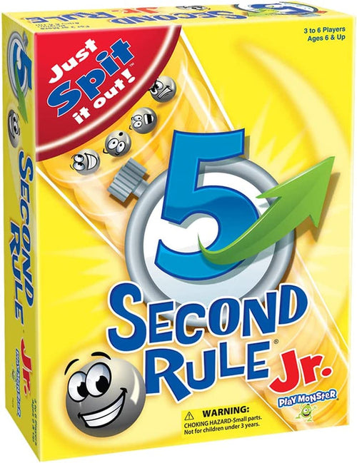 Yellow 5 Second Rule Jr. box with a large blue 5, falling silver marbles with faces, and a green arrow over a timer.