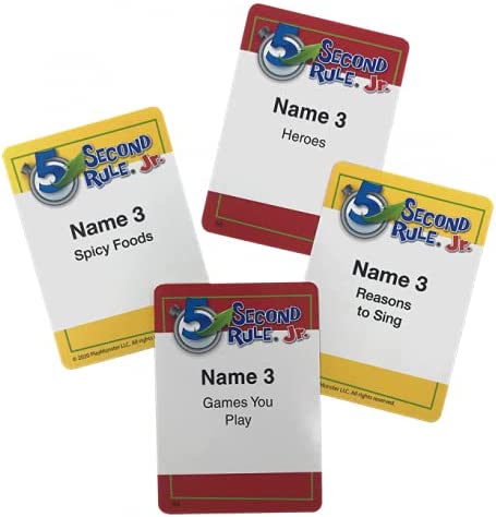 Four 5 Second Rule Jr. game cards with red and yellow borders featuring Name 3 prompts like Heroes and Spicy Foods.