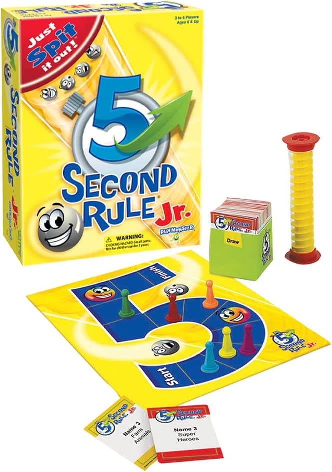 Yellow 5 Second Rule Jr. box with game board, cards, colorful pawns, and a twisted yellow and red timer.