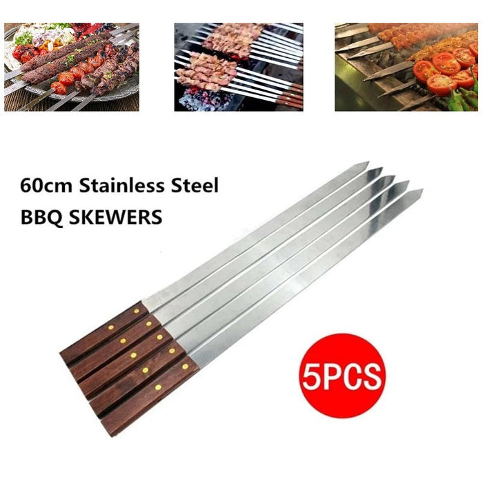 Set of 5 BBQ skewer kabobs with wooden handles, 59cm long, ideal for grilling kebabs and kabobs on a flat, classic design.