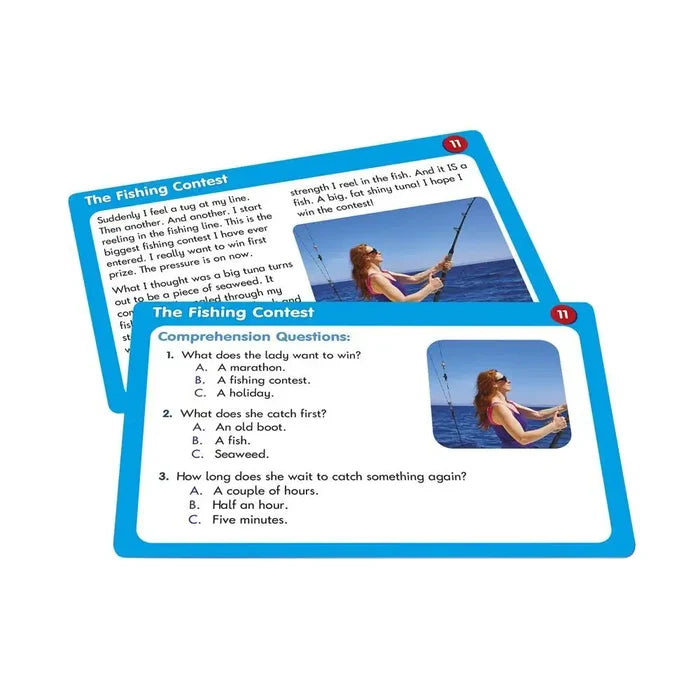 Two blue-bordered educational cards featuring a fishing story, photo, and related multiple-choice questions.