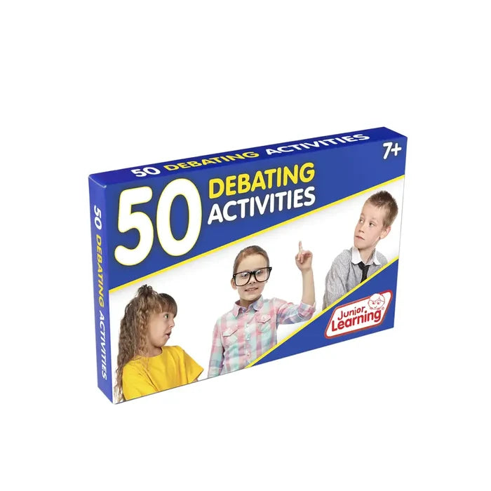 Blue and yellow box for 50 Debating Activities for ages 7+, featuring three children making points and hand gestures.