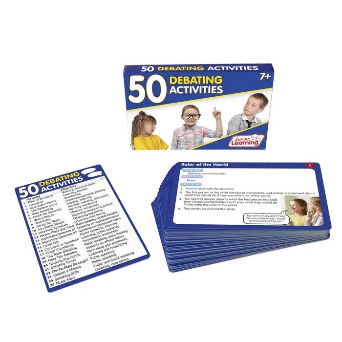 Blue box of activity cards for ages 7+, shown with a stack of debating instruction cards and a white checklist.