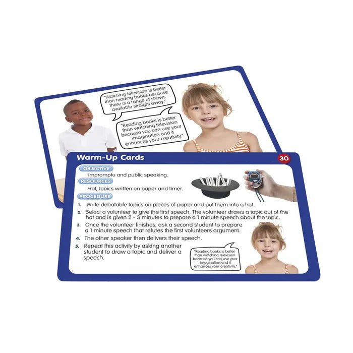 Two blue and white debate cards featuring children with speech bubbles, instructions, a top hat, and a stopwatch.