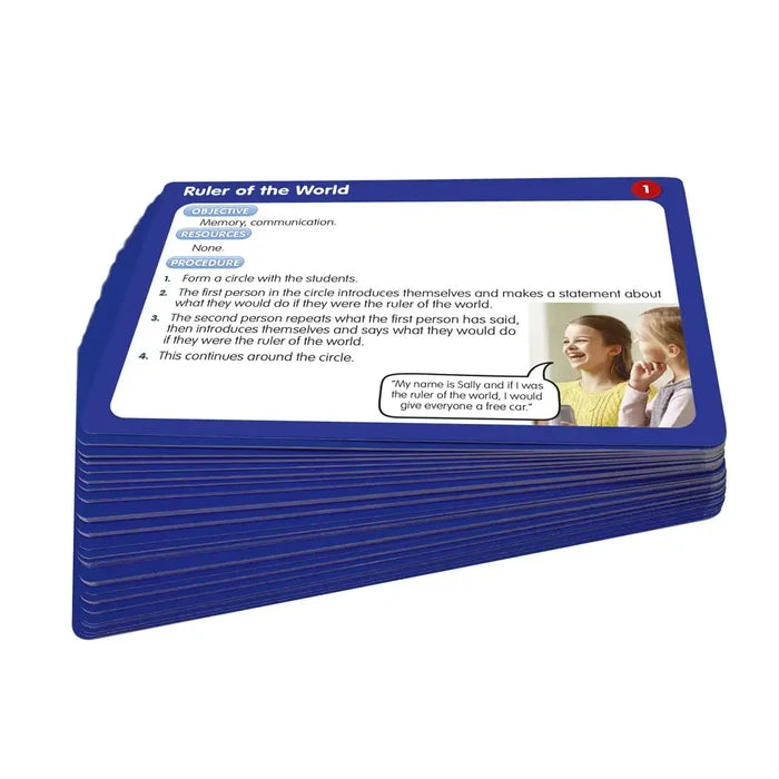 Stack of blue activity cards. Top card titled Ruler of the World with text instructions and a picture of two girls talking.