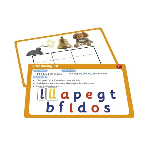 Phonics activity cards featuring pictures of a bell and doll with colorful magnetic letters on an orange border.