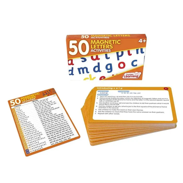 Orange box featuring colorful lowercase letters, alongside a word list card and stacked activity guide cards.