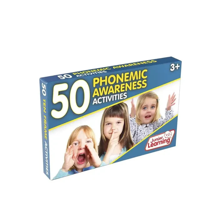 Blue box for ages 3+ with photos of three girls shouting and shushing, titled 50 Phonemic Awareness Activities.