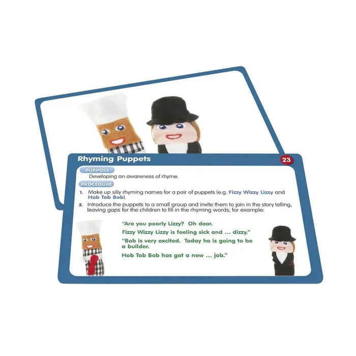 Two blue-bordered activity cards featuring finger puppet images and instructions for a Rhyming Puppets game.