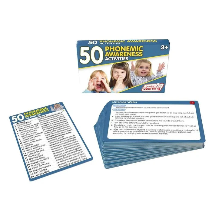 Blue box of 50 Phonemic Awareness activities with smiling children on the cover and sample cards displayed in front.