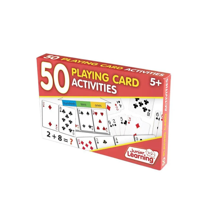 Red box with yellow text showing playing cards used for math addition and place value activities for ages 5 and up.