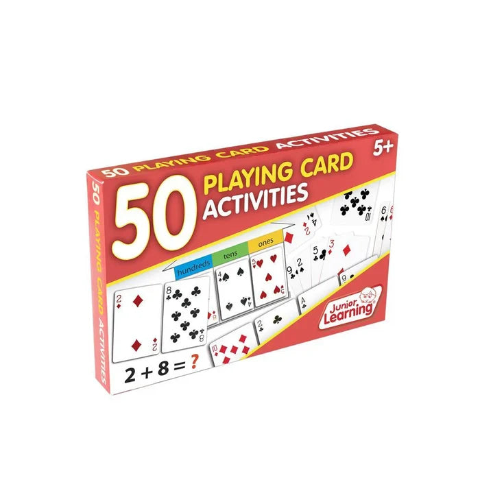 Red and yellow box featuring playing cards, place value labels, and the addition problem 2+8=? on the front.