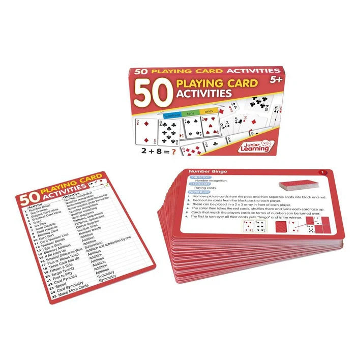 Red box and instructional cards for children's math and number games using playing cards for ages 5 and up.
