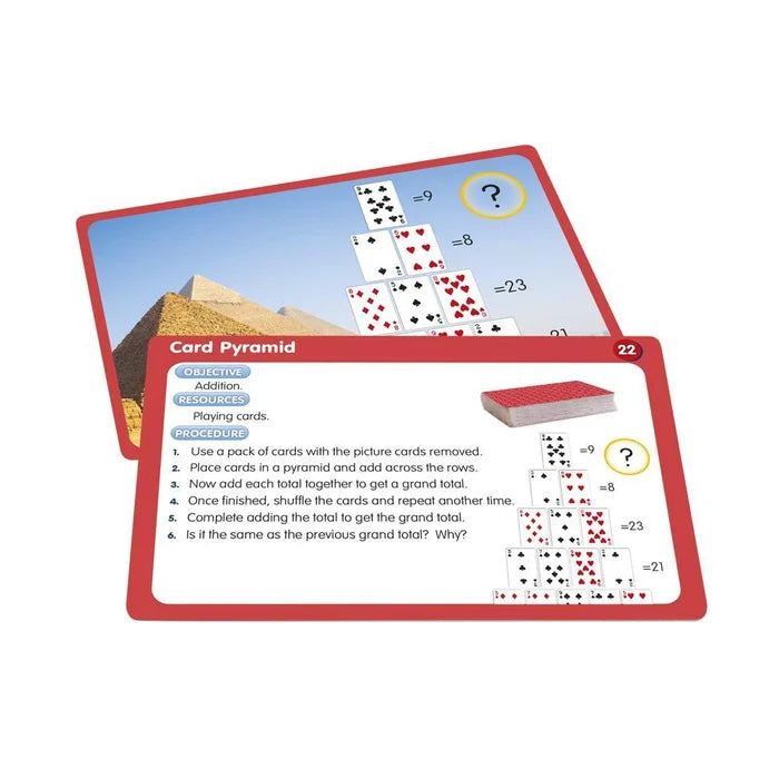 Two red-bordered Card Pyramid activity cards with playing card illustrations and addition equations.