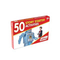 Red and white box for 50 Story Starter Activities featuring a blue toy robot and a boy holding a remote control.
