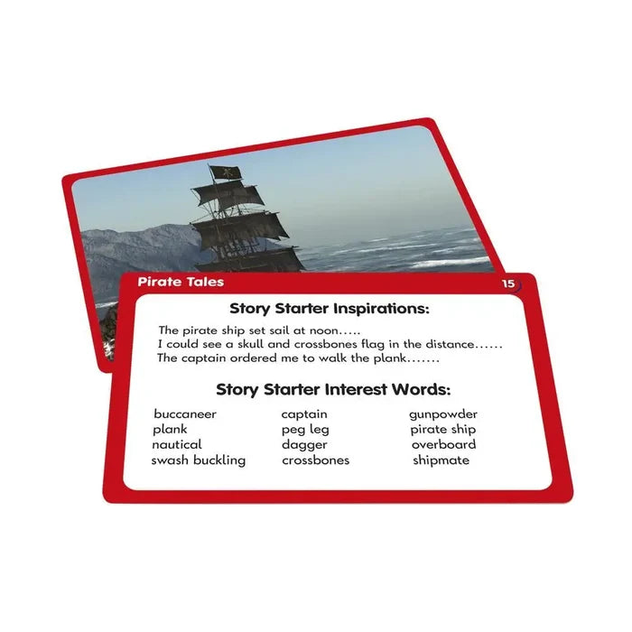 Two red-bordered story starter cards with a pirate ship illustration, writing prompts, and a vocabulary list.