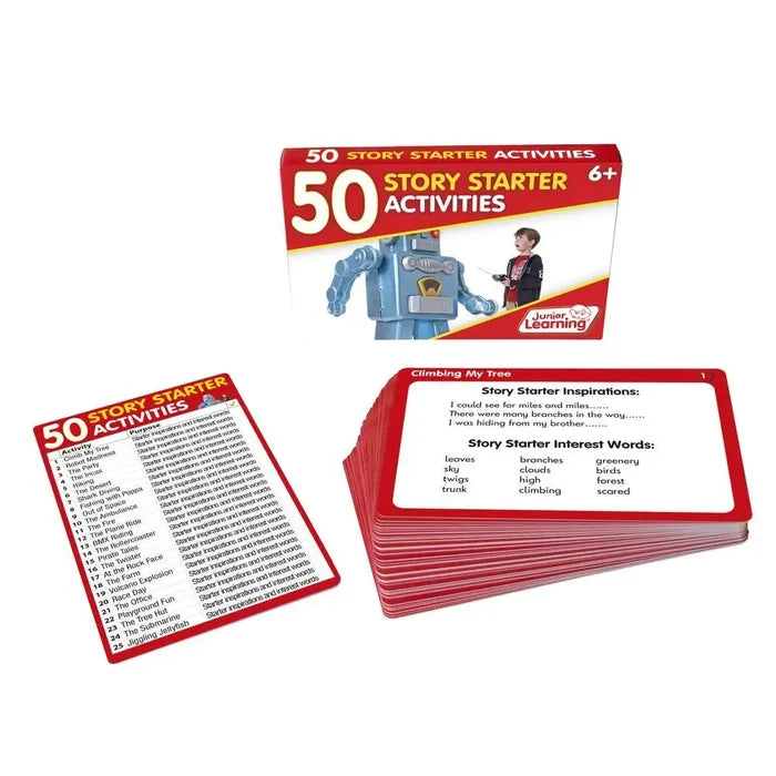 Red product box with a robot graphic next to activity cards showing story prompts and vocabulary lists.